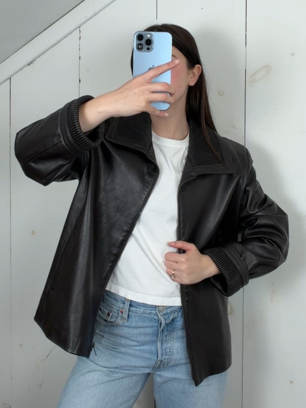 Vintage Sabau Furs Brown Genuine Leather Full Zip Jacket Women’s L Ribbed Collar